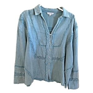Sewn + Seen Blue Button Front Tunic Top SZ M Raw Seams Lace Inset LS Boho